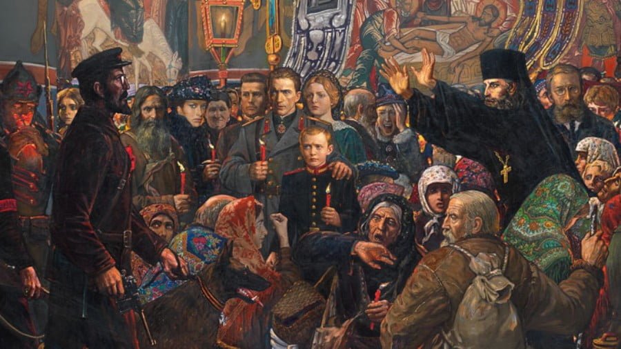 A Jewish bolshevik shutting down an Easter midnight service. Detail from a larger monumental painting from 1999 by Ilya Glazunov.