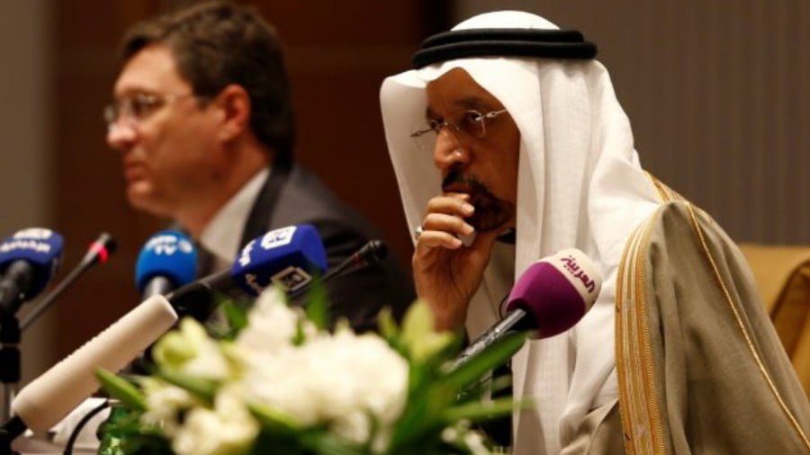 Saudi Energy Minister Khalid Al-Falih and Russian Energy Minister Alexander Novak attend a news conference at the Ritz-Carlton hotel in Riyadh on February 14, 2018. Photo: Reuters / Faisal Al Nasser