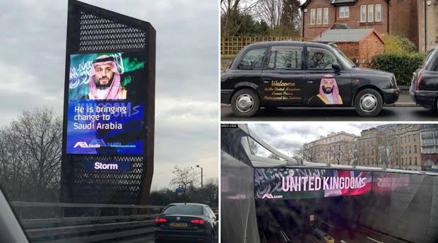 Adverts have appeared in London ahead of bin Salman's visit (supplied)