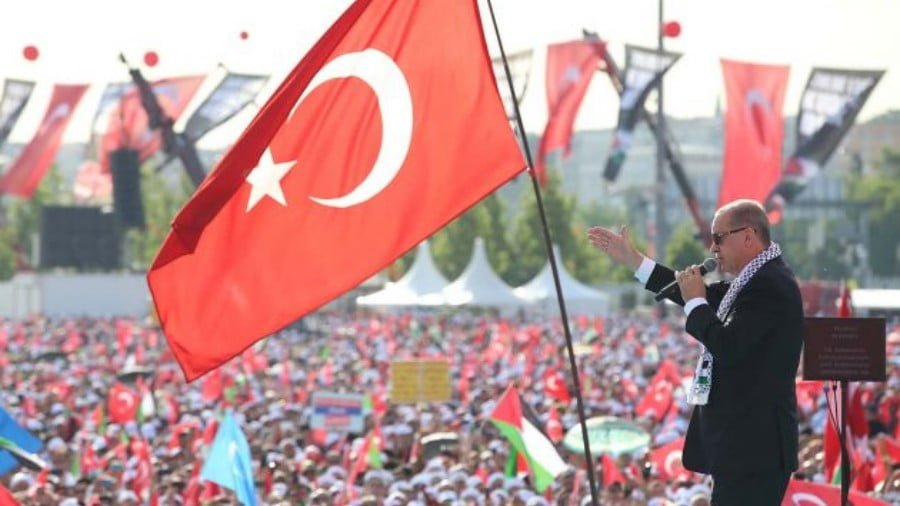 Turkish President Tayyip Erdogan makes a speech during a protest on May 18, 2018 against the recent killings of Palestinian protesters on the Gaza-Israel border and the US embassy move to Jerusalem. Photo: Handout via Reuters