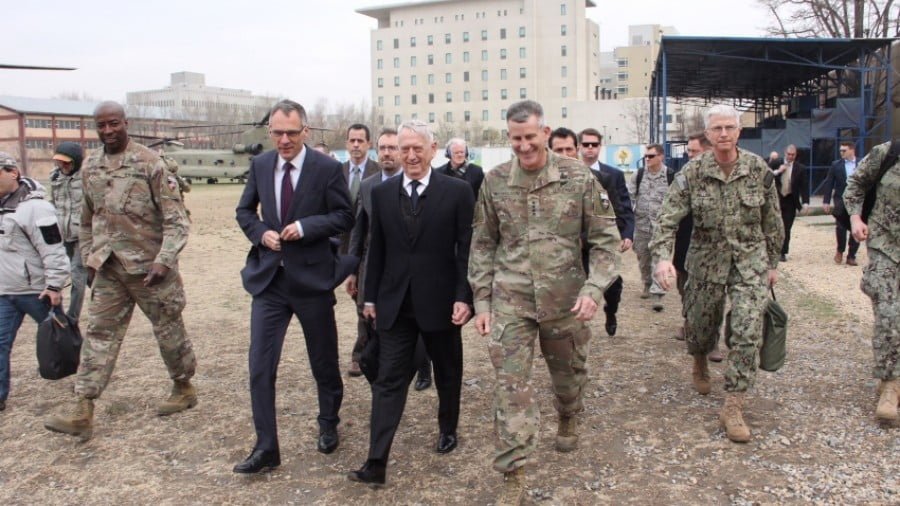 U.S. Defense Secretary Jim Mattis (C) walks with US General John Nicholson (centre R) at the Resolute Support Mission headquarters on an unannounced visit to Kabul on March 13, 2018. (THOMAS WATKINS/AFP/Getty Images)