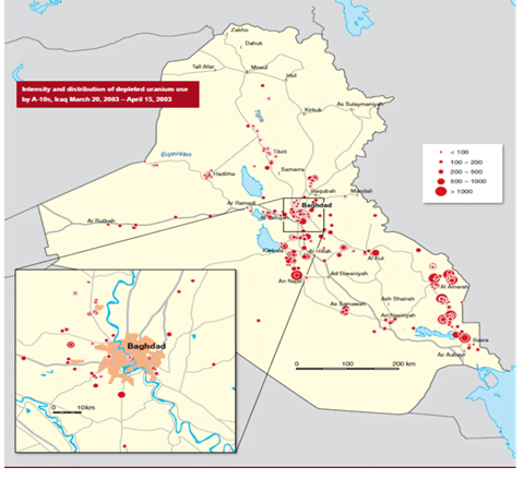 Locations of depleted uranium munitions used by U.S. Airforce A-10 ground attack aircraft in Iraq during the 2003 invasion. Depleted Uranium is also used in anti-armor munitions utilized by all U.S. tanks and armored fighting vehicles as well, so the true breadth of distribution and employment of depleted uranium in the above map are understated.