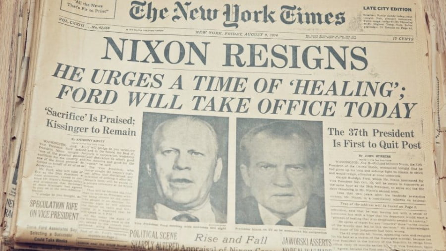 The New York Times front page, dated August 9, 1974, on President Richard Nixon's resignation. Photo: iStock