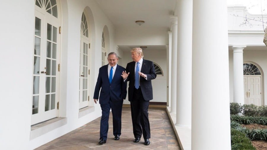 President Donald Trump and Israeli Prime Minister Benjamin Netanyahu walk along the Colonnade, Wednesday, Feb. 15, 2017, back to the Oval Office of the White House in Washington, D.C. (Official White House Photo by Shealah D. Craighead)