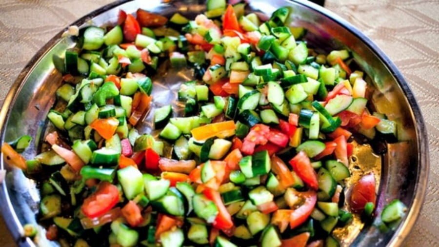 A traditional Arabic salad of chopped tomato and cucumber has been renamed Israeli salad in Israel (Flickr)