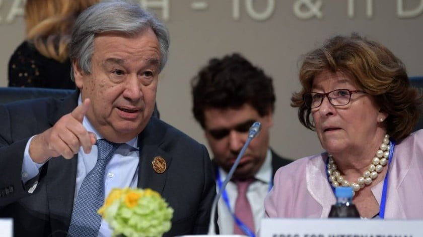 United Nations Secretary General Antonio Guterres (L) sits next to Louise Arbour, Special Representative of the United Nations Secretary-General for International Migration, during the United Nations conference on migration on December 10, 2018 in the Moroccan city of Marrakesh.