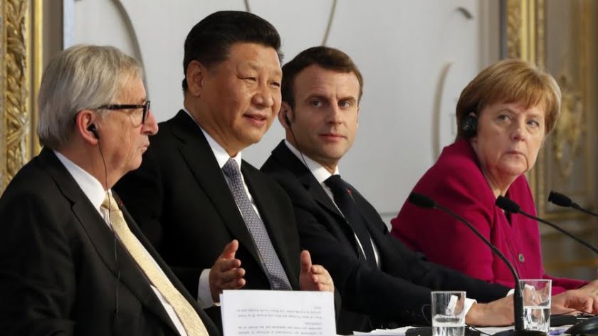 European Commission President Jean-Claude Juncker (L), Chinese President Xi Jinping, French President Emmanuel Macron and German Chancellor Angela Merkel at the Elysee presidential palace in Paris on March 26, 2019. Photo: AFP/Thibault Camus