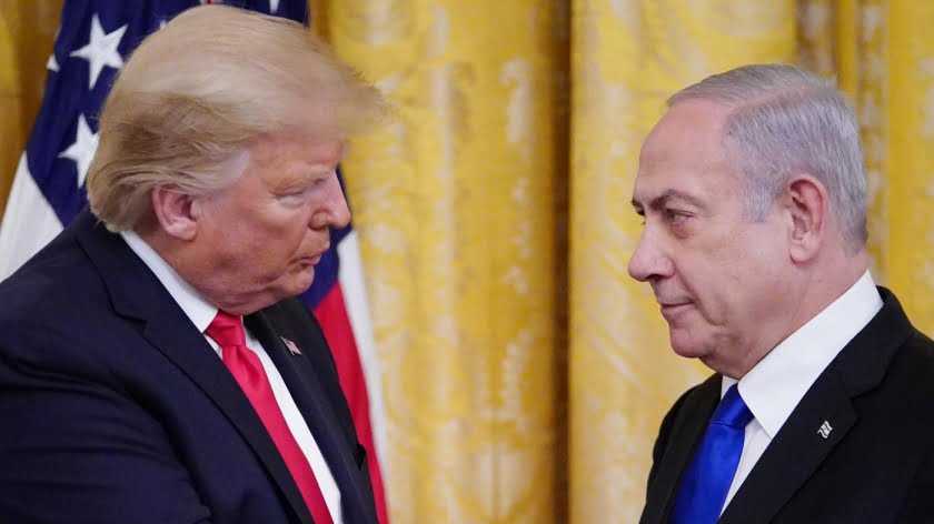 US President Donald Trump and Israel's Prime Minister Benjamin Netanyahu in the East Room of the White House in Washington, DC on 28 January (AFP)